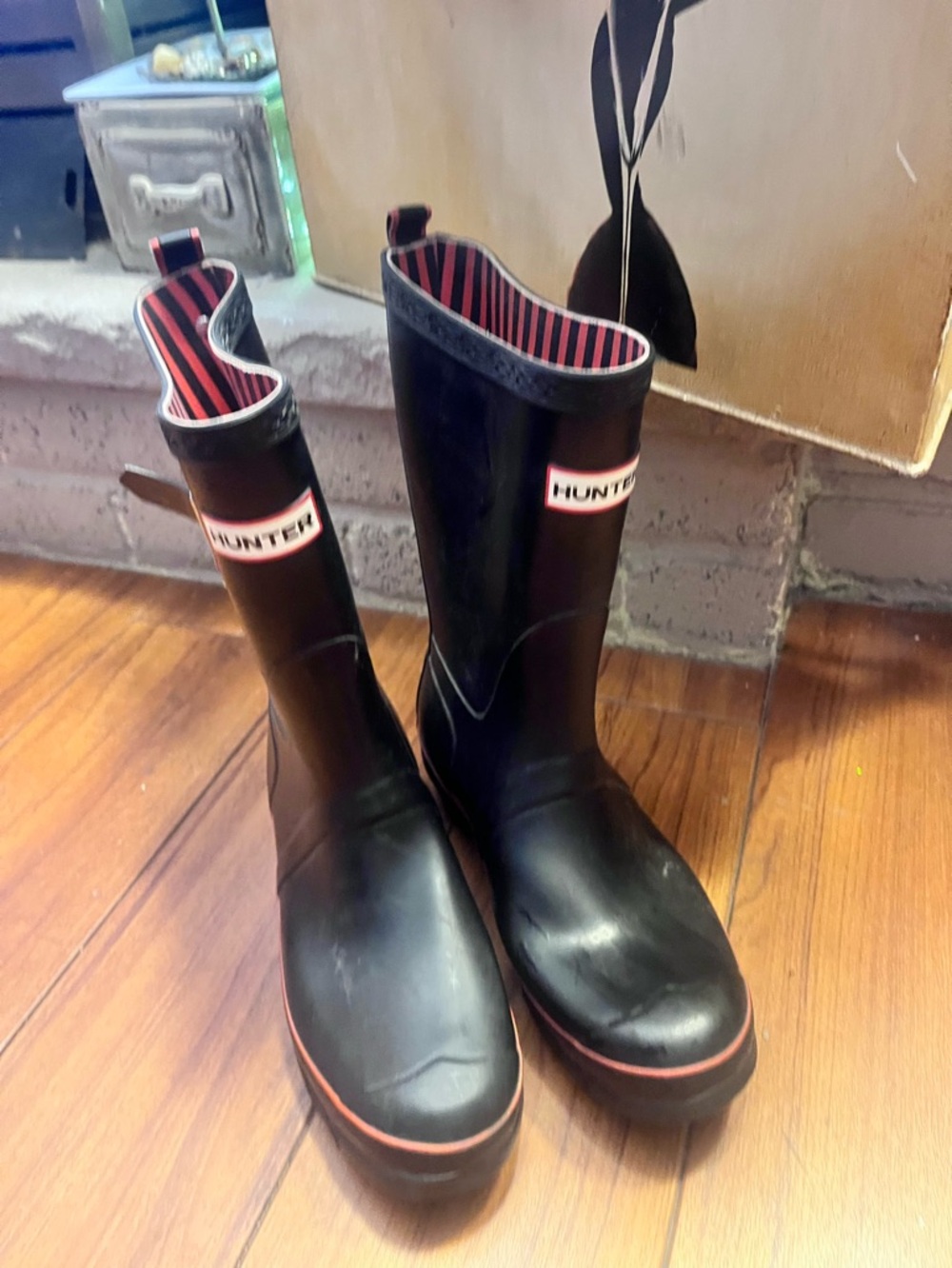 Hunter Black Rain Boots with red and white stripe trim